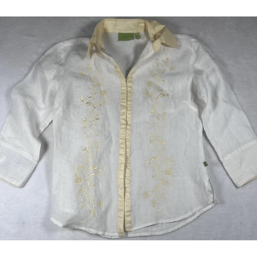 Noi Shirt‎ Womens Small White Embroidered Floral Sheer 3/4 Sleeve Blouse Top